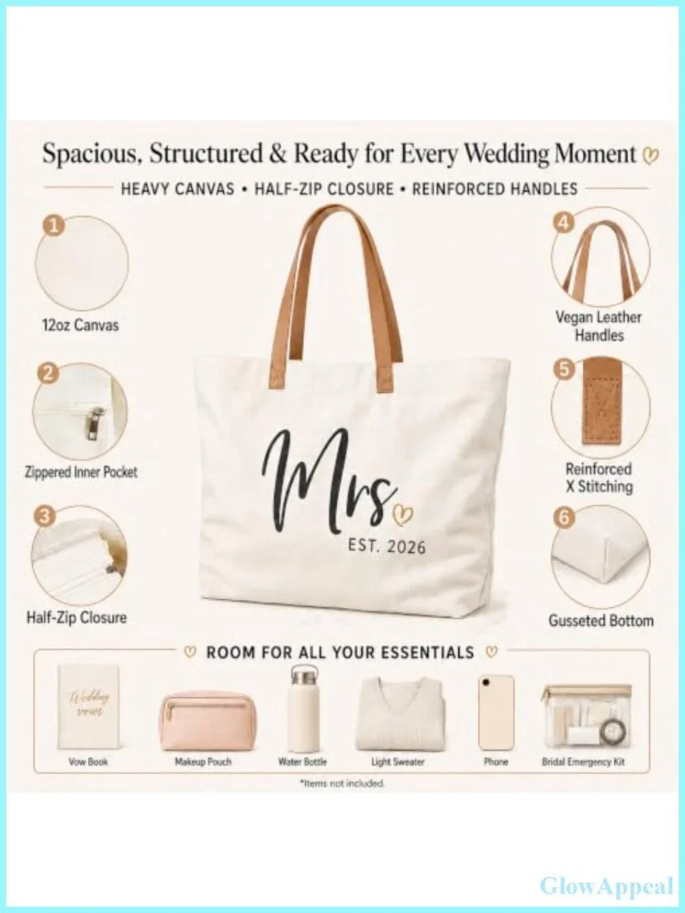 Bridal Tote Bag with Zipper, Canvas Leatherette Handles, Wedding Gifts